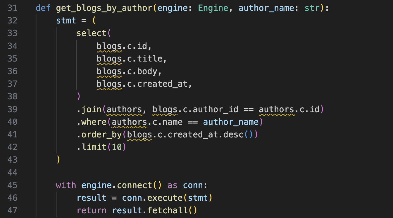 Sqlalchemy blog query in core